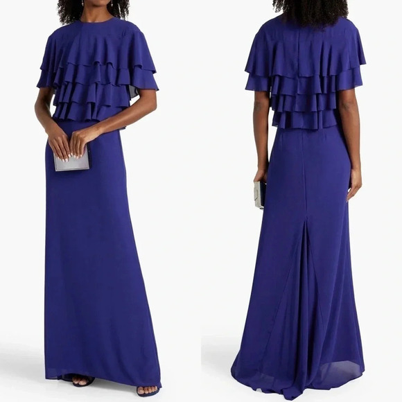 NWT Mikael Aghal Ruffled Crepe Gown 4 | Royal Blue Formal Evening Dress - Picture 1 of 14